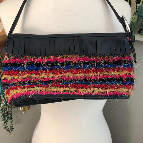 Vintage Y2K BRIGHTON Boucle Fringe Leather Kiltie Satchel Handbag - Picture 1 of 8